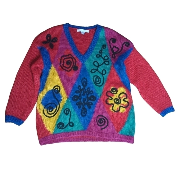 Vtg mohair blend oversized colorblock fuschia pink patterned argyle sweater  M/L - Picture 8 of 9